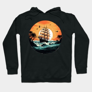 A vintage looking ship sails across the giant waves in a sunset enviornment Hoodie